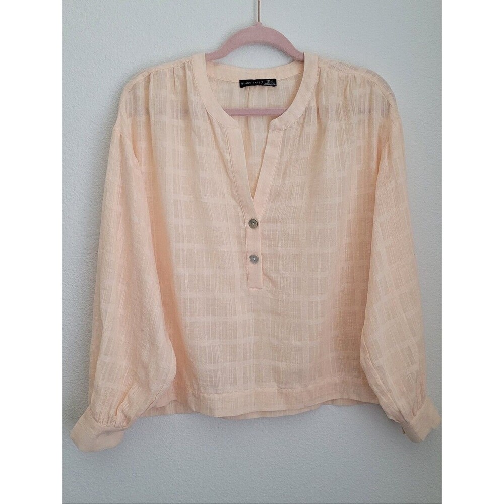 Black Tape Pastel Peach Windowpane Gauze Blouse Cotton Size S Cottagecore Boho